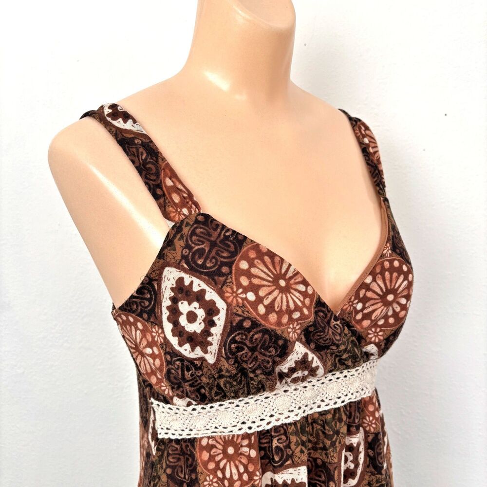 Y2K Boho Babydoll Camisole Tank Top Medium Brown Cottage Coquette Dainty Indie
